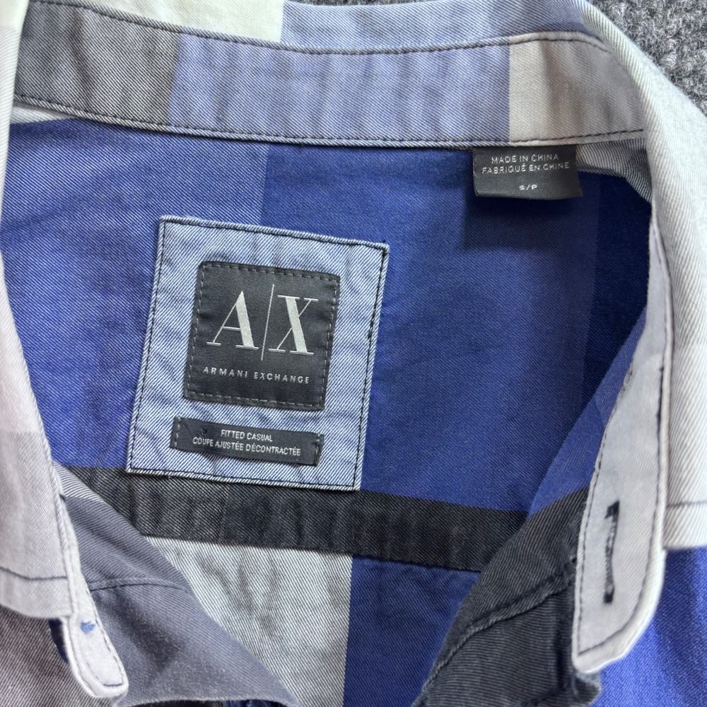 Armani Exchange Button Down Shirt Mens Small Blue Grey Large Check Plaid Fitted - Picture 5 of 8